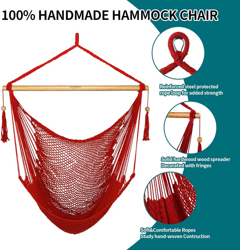 JoyView Hammock Chair with Spreader Bar Caribbean Hammock Swing Chair 300 LBS Weight Capacity XL Rope Hanging Chair for Outdoor Indoor Garden Yard - Red - Image 4